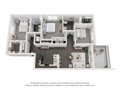 A 3D floor plan of a house with a kitchen, living room, and bedrooms.